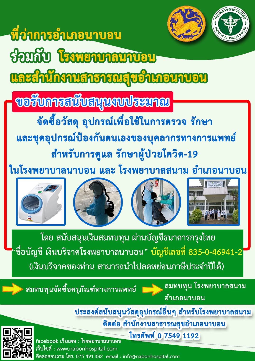 ขอรับสนับสนุนงบประมาณ เพื่อใช้ใน โรงพยาบาลนาบอนและโรงพยาบาลสนามอำเภอนาบอน